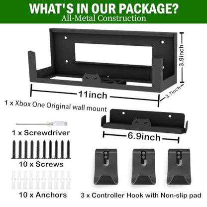 BracNova Wall Mount for Xbox One,Steel Wall Mount Kit for Xbox One Original and Power Brick Mount-Xbox One Stand with 3 Detachable Controller Holder and Headphone Hook