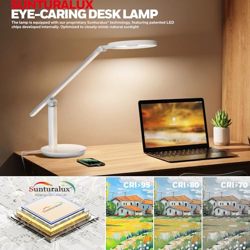 Honeywell H6 Desk Lamp for Home Office, Dimmable Reading Table Light, White | Sunturalux CRI≥97, RG0 Low Blue Light, Flicker-Free, 800LM Dimmable with Timer for Webcam, Study, Office & Bedroom - color: White