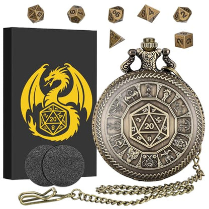 Keller & Weber Mini DND Dice Set, Center Number Dice Pocket Watch Case, 7 Piece Polyhedral Metal D&D Dice, DND Gifts with Gift Box, Role Playing Board Game Accessories, Bronze - color: Bronze