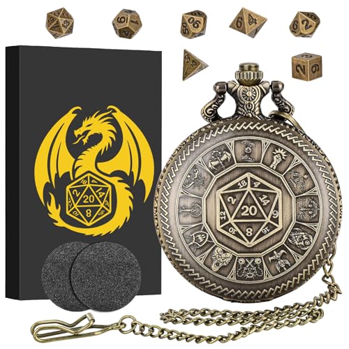 Keller & Weber Mini DND Dice Set, Center Number Dice Pocket Watch Case, 7 Piece Polyhedral Metal D&D Dice, DND Gifts with Gift Box, Role Playing Board Game Accessories, Bronze - color: Bronze