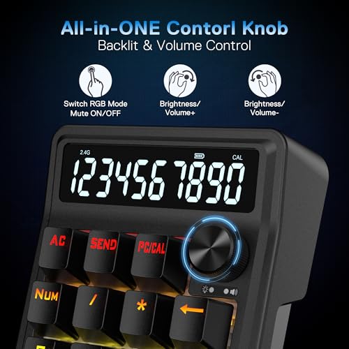 Redragon K733 PRO Wireless Gasket RGB Number Pad, 22 Keys Mechanical Numpad w/PC & Calculate Modes, 10 Digits Calculator Display, Knob Control, 5-Layer Noise Dampening, Creamy Custom Linear Switch - color: Black K733 PRO, size: Wireless