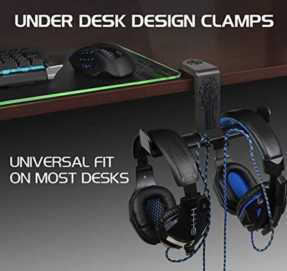 ENHANCE PC Gaming Dual Headphone Stand - Clip-On Desk Headphone Holder with Adjustable 360 Rotation, Under Desk Headset Holder, Universal Fit, & Double Cable Loops Organizer with Silicone Pads