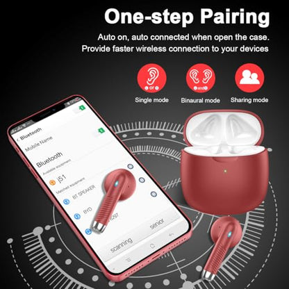 Wireless Earbuds, Bluetooth 5.4 Headphones in Ear with Noise Cancelling Mic, Bluetooth Earbuds Stereo Bass, IP7 Waterproof Sports Earphones, 32H Playtime USB C Charging Ear Buds Red for Android iOS | Bluetooth Earbuds Stereo Bass, IP7 Waterproof Sports Ea