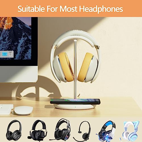 Headphone Stand with Wireless Charger, Gaming Headset Holder Hanger Rack 2 in 1 Wireless Charging Station Dock for iPhone 15/14/13/12/11 Series, AirPods Pro/3/2 and Desk All Headphones, White - color: White
