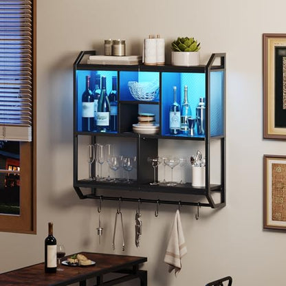 HOOBRO Gaming Floating Shelves with LED Lights, 28.7" LED Wall Mounted Shelf, 3-Tier Display Rack for Wall Storage, Floating Rack with Hanging Rod and 6 S-Hooks, for Gaming Room, Black BB70DBJ01 - color: Black