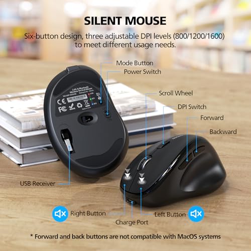 Bluetooth Wireless Mouse Ergonomic Vertical for Laptop Computer Macbook iPad Tablet Rechargeable Silent Click USB Carpal Tunnel Right Hand Compatible with Windows iOS Mac OS Android Black - color: Black, size: Rechargeable 3-Mode