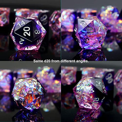 Haxtec Sharp Edge DND Dice Set, Purple Resin Polyhedral RPG Dice | Holographic D&D Dice for Table Games, Compatible with Dungeons and Dragons, Handmade 7-Die with Metal Case, TTRPG Gifts - color: Purple Black