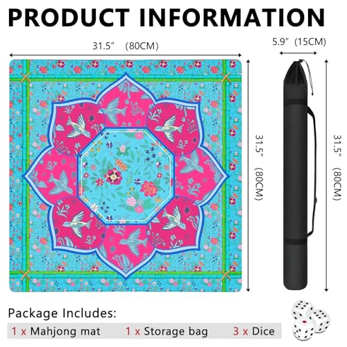 Mahjong Mat with Carrying Bag and 3 Dice, 31.5" X 31.5" Noise Reduction Mahjong Table Cover, Non Slip Gaming Mat for Board Tile Games Poker Card Dominoes, Mahjong Gifts for Women Mahjong Accessories - color: A0202