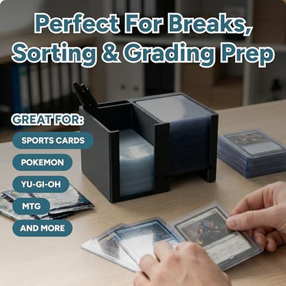 Trading Card Toploader & Penny Sleeve Station with Anti-Slip Base & Tool Storage | Dual Compartment Heavy-Duty Dispenser for Sports Cards & TCG | One-Hand Access Organizer for Card Breaks & Sorting