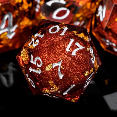 ARUOHHA Liquid Core DND Dice Set, 7pcs Resin Sharp Edged Dragons Dice Role Playing Games, RPG Silver Numbers Red Dungeons Polyhedral Dice with Gift Box D20 D12 D10 D8 D6 D4 - color: Silver Red