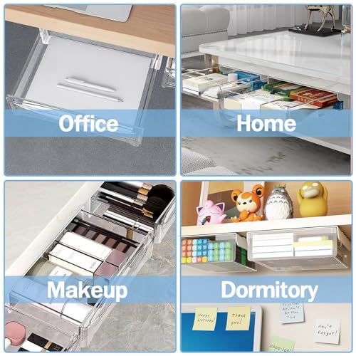 SVNNELP Large Under Desk Table Drawer Storage Organizer A4,Desk Accessories & Workspace Organizers,Hidden Self-Adhesive Under Table Pencil Tray Drawer for Office(Clear White)