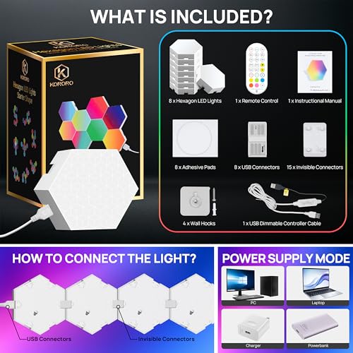 KORORO Hexagon LED Lights - 8 Pack Smart APP RGB Gaming Light with Remote Control & Music Sync Honeycomb Shape Hex Lights for Bedroom, Living Room Wall, Gaming Decor