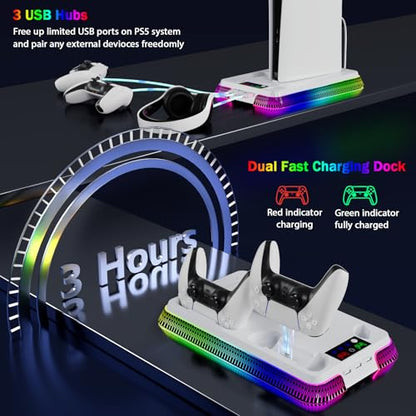 PS5 Cooling Station, PS5/Slim/Pro Stand with Dual Charging Station for PlayStation 5, PS5 Accessories Kits, Vertical Stand with 3 Levels Cooling Fan, Headset Holder for PlayStation5 Digital/Disc - color: Piano-White