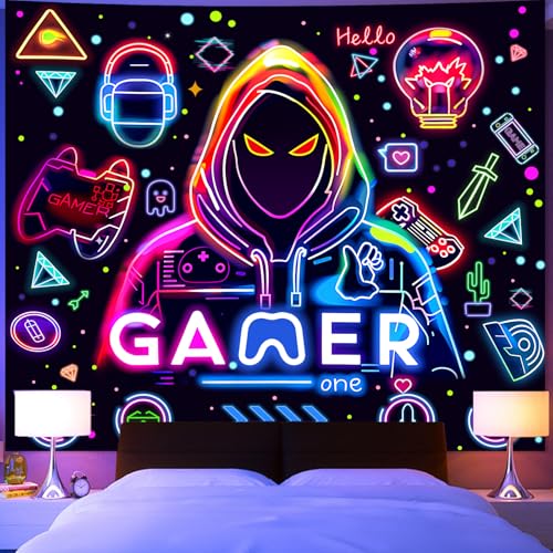 Apdidl Blacklight Gaming Wall Tapestry, Black Light UV Game Player Posters | Cool Gamer Poster Boys Room Decor, Glow in the Dark Funny Tapestries, UV Reactive Neon Wall Hanging for Kids Dorm 51" X 60" - color: Gamer Blacklight Tapestry, size: 60"L x 51"W