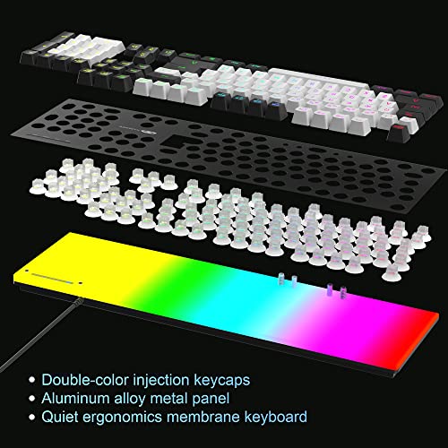 MageGee GT838 Gaming Keyboard and Mouse Combo, 104 Keys RGB Backlit Quiet Wired Keyboards for Laptop PC MAC, with Number Pad, Metal Panel, Anti-Ghosting, White Black - color: White Black