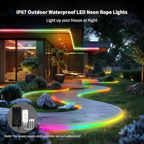 52FT LED Neon RGB+IC Lights IP65 Waterproof Outdoor Lights 2 Rolls | RF Remote & APP Control, Music Sync,DIY Design, 24V LED Strip Lights for Gaming Livingroom Wall Christmas Decor - size: Neon-RGB+IC-52ft
