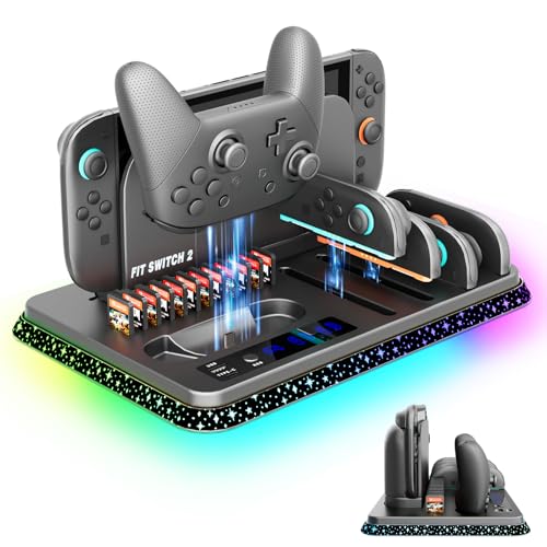 [Switch 2 (2025) Compatible] Charging Dock and Orgainzer Station for Nintendo Switch 2, Fast Charger & Storage Stand for 4 * Joy Con and Pro Controller, Inc.12 Card Slots, USB-HUB, Type-C, 9 RGB Modes