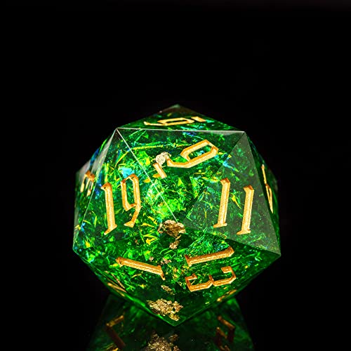Cusdie Single D20 DND Dice with Sharp Edges and Glitter Foil Inclusions, 20 Sided D&D Dice, 33mm Handcrafted, for Role Playing Game (Green) - color: Green