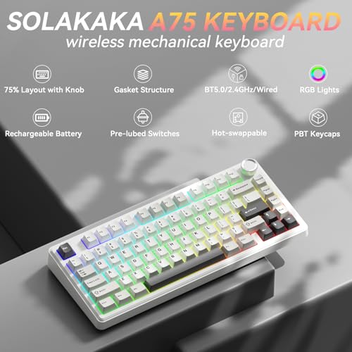 SOLAKAKA A75 75% Wireless Mechanical Keyboard, Hot Swappable Gaming Keyboard with Multifunction Knob & RGB, Gasket Mounted Creamy Keyboard, PBT Keycaps, Compact Layout for Win/Mac/PC - color: Whtie&Black&Grey