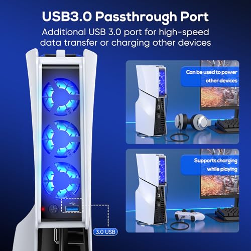 FASTSNAIL Cooling Fan wih LED Light for PS5 Slim Disc/Digital Console | Efficient Cooling with 3 Fan, Auto Power On/Off, Adjustable Speed, USB3.0 Port & LED Light, Silent Cooler System for PS5 Slim - color: White/Black
