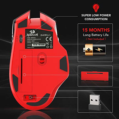 Redragon M690-1 Wireless Optical Gaming Mouse 2400 DPI Remapping Keys | Cable-Free 0 Delay, Smooth Precise Tracking, Ergonomic Grip Body Comfort - style: M690-1