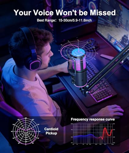 Gaming USB Microphone, Noise Cancellation Condenser Mic with Mute,Boom Arm Mic-Reverb Adjustment, Monitoring for Streaming, Podcasting, Discord, YouTube,PC, Computer, PS4, PS5, Mac