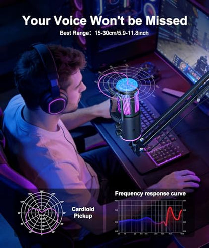 Gaming USB Microphone, Noise Cancellation Condenser Mic with Mute,Boom Arm Mic-Reverb Adjustment, Monitoring for Streaming, Podcasting, Discord, YouTube,PC, Computer, PS4, PS5, Mac