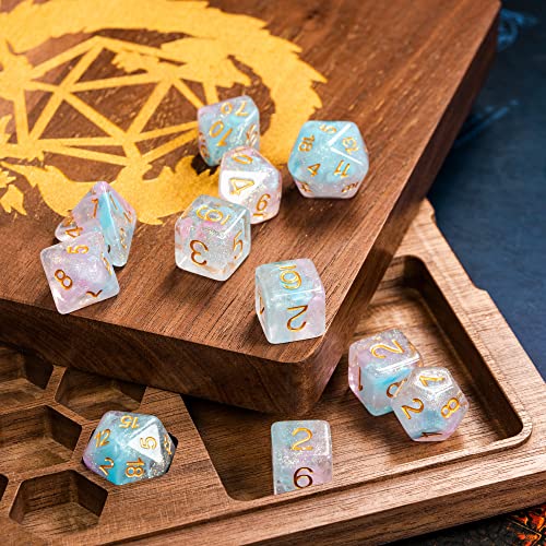 UDIXI 11-Pieces DND Dice Set D&D Polyhedral Dice Iridecent Swirls for RPG | Pink & Cyan Colors, Gold Number, Velvet Dice Bag Packaging, for Dungeons and Dragons Role Playing Games and Tabletop Games - color: 11 Piece Pink Cyan Glitter Dice