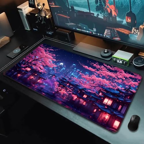 Simpkeely Fantasy Night City Gaming Mouse Pad, Blacklight Japanese Residential Buildings Landscape Neon Large Waterproof UV Reactive Non-Slip Rubber Base Mousemat for Office Home - 31.5" x 11.8" - color: Japanese City