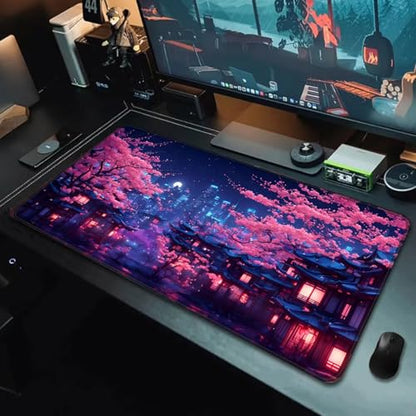 Simpkeely Fantasy Night City Gaming Mouse Pad, Blacklight Japanese Residential Buildings Landscape Neon Large Waterproof UV Reactive Non-Slip Rubber Base Mousemat for Office Home - 31.5" x 11.8" - color: Japanese City