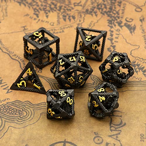 DND Dice Set,3D Hollow Dragon Metal 7-Die,Black | copper construction,68g balanced weight,engraved numbers,gift box and velvet bag for DND RPG play - color: 3d-black