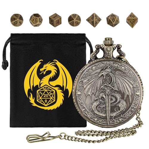 Mini DND Dice Set, Flying Dragon Holds Long Sword Pocket Watch Shell Case, DND Starter Set, 7pcs Polyhedral Metal Dice Set, D&D Gifts with Gift Bag, Role Playing Board Game Accessories,Bronze - color: Bronze