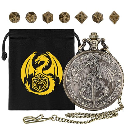 Mini DND Dice Set, Flying Dragon Holds Long Sword Pocket Watch Shell Case, DND Starter Set, 7pcs Polyhedral Metal Dice Set, D&D Gifts with Gift Bag, Role Playing Board Game Accessories,Bronze - color: Bronze