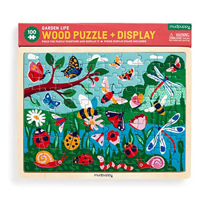 Mudpuppy Garden Life 100 Piece Wooden Puzzle for Kids, Ages 5+ | Scenic Garden Theme, Bright and Bold Illustrations, Display Stand Included, Sturdy Pieces, Wood, Room Decor - style: Garden Life