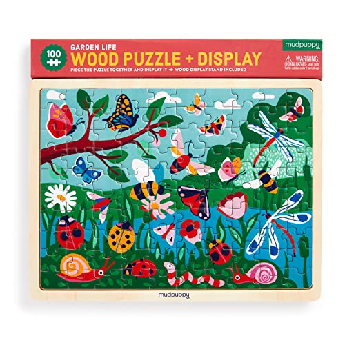 Mudpuppy Garden Life 100 Piece Wooden Puzzle for Kids, Ages 5+ | Scenic Garden Theme, Bright and Bold Illustrations, Display Stand Included, Sturdy Pieces, Wood, Room Decor - style: Garden Life