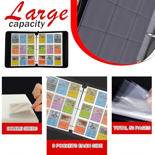 9 Pocket Trading Card Binder, Zipper Collection Album with 50 Removable Sleeves, Double Sided Design Holds 900 Cards, Premium Waterproof PU Binder for TCG, MTG, Gaming & Football Sports Cards, Red - color: Red-L