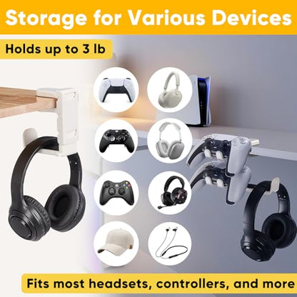 3-in-1 Under Desk Headphone Hanger with Adjustable Clamp Mount, 2 Controller Slots & 1 Headset Universal Holder Stand, Rotatable Hook Rack & Cable Organizer, for Home Gaming Xbox ps5 - White - size: White - 1 Headphone & 2 Controllers