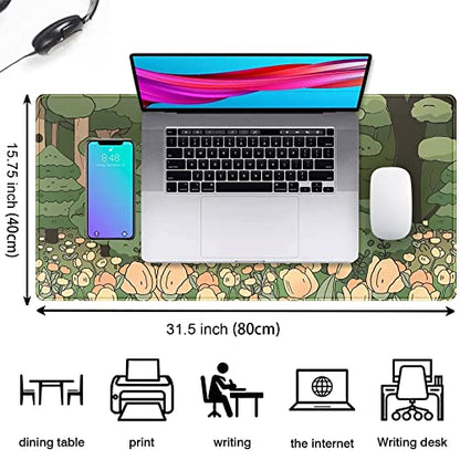 Anime Forest Desk Mat,Cute Green Mouse Pad,Kawaii Aesthetic Full Desktop Pad XXL Gaming Mousemat XL, Extended Korean Animals Bear Bunny Keyboard Mat Large 31.5x15.7 Inch Non-Slip&Stitched Edges - color: A Orange Flowers