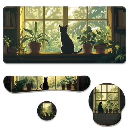 Black Cat Desk Mat Set Cozy Plant Large Mouse Pad with Wrist Rest 4-in-1 Desk Mat for Desktop Ergonomic Keyboard Wrist Support Anti-Slip Computer Ergonomic Mouse Pad Home Office Gaming - color: Black Cat Cozy Plant, size: 34.5" x 15.7"