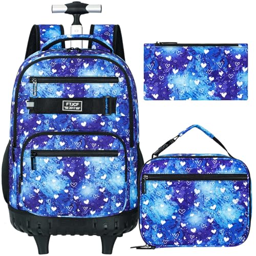 3Pcs Rolling Backpack for Girls Women, Travel Roller Backpacks with Wheels for Adults, Teens College Love Polka Dots Wheeled Bookbag with Lunch Box(Blue) - color: Blue
