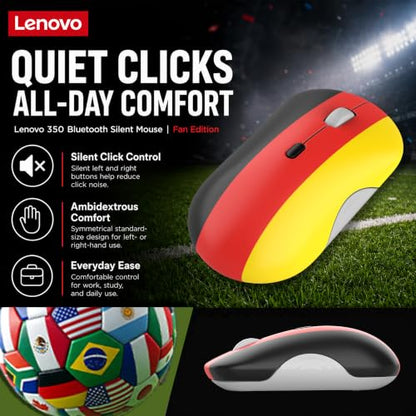 Lenovo 350 Bluetooth Silent Mouse (Fan Edition), Wireless Ergonomic Ambidextrous Design, Bluetooth 5.3, Adjustable DPI up to 2400, 36 Month Battery Life, Recycled Materials, German Flag - color: Germany Flag