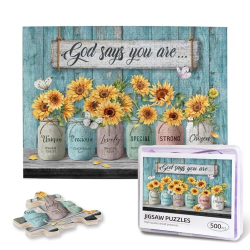 Christian Puzzles for Adults 500 Pieces Inspirational Bible Verses Challenging Puzzle Butterfly Sunflower Wooden Puzzles God Says You are Wooden Picture for Living Room Family Activities Fun Games - color: God Says You Are, size: 500PCS