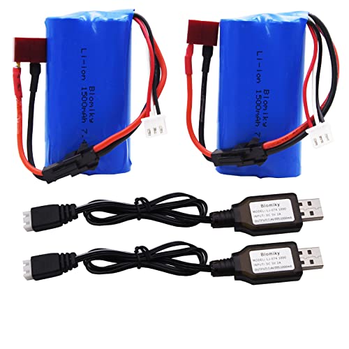 Blomiky 2 Pack 7.4V 1500mAh Li-ion Rechargeable Battery SM-2P Plug with T Adapter and USB Cable Suitable for H101 H103 H105 RC Boat RC Trucks / H101 Battery & T 2