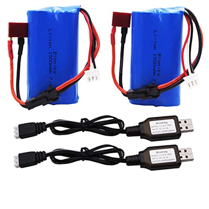 Blomiky 2 Pack 7.4V 1500mAh Li-ion Rechargeable Battery SM-2P Plug with T Adapter and USB Cable Suitable for H101 H103 H105 RC Boat RC Trucks / H101 Battery & T 2