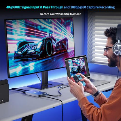 Aluminum HDMI Capture Card, USB 3.0 1080P 60FPS Audio Video Capture Card for Streaming/Gaming/Video Conference, 4K@60Hz Input & Pass-Through Capture Card for Nintendo Switch/PS5/Xbox/Camera/PC - size: 4K60Hz