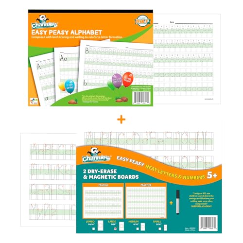 Channie’s Easy Peasy Alphabet Handwriting Workbook + 2 Easy Peasy Dry-Erase Neat Numbers & Letters Tracing Magnetic Boards for Pre-K - 1st Grade, Homeschool Learning & Summer School Teaching Supplies - style: Easy Peasy Alphabet Handwriting Pre-K - 1st Gr