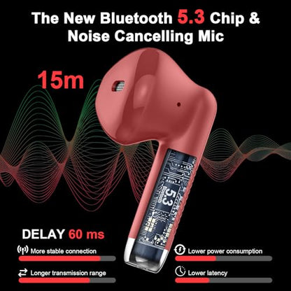Wireless Earbuds, Bluetooth 5.4 Headphones in Ear with Noise Cancelling Mic, Bluetooth Earbuds Stereo Bass, IP7 Waterproof Sports Earphones, 32H Playtime USB C Charging Ear Buds Red for Android iOS | Bluetooth Earbuds Stereo Bass, IP7 Waterproof Sports Ea