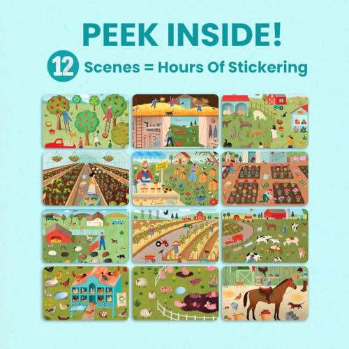 Farm Animal 500+ Kids Sticker Book by Cupkin Toddler Airplane Travel Activity Coloring and Sticker Book, Road Trip Essentials, 12 Coloring Pages 12 Scenes for Ages 2–8 Years - color: Down at the Farm