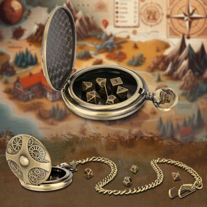 Mini DND Dice Set with Bronze Steampunk Gear Pocket Watch Shell Case, 7pcs Polyhedral Metal DND Dice Set, D&D Gifts with Gift Box, Role Playing Board Games DND Accessories - color: Gear