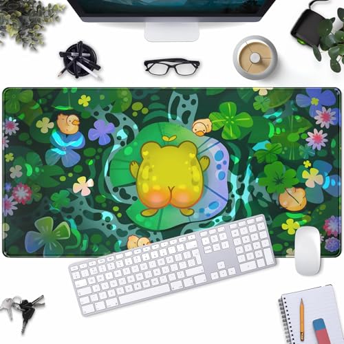Cute Frog Desk Decor Mouse Pad Funny Desk Mat Frog Decor Desk Pad, Kawaii Green Desk Mat for Keyboard and Mouse, Gaming Mouse Pad for Computer Keyboard Laptop with Stitched Eges Pad 31.5"X15.7" - color: Green Frog
